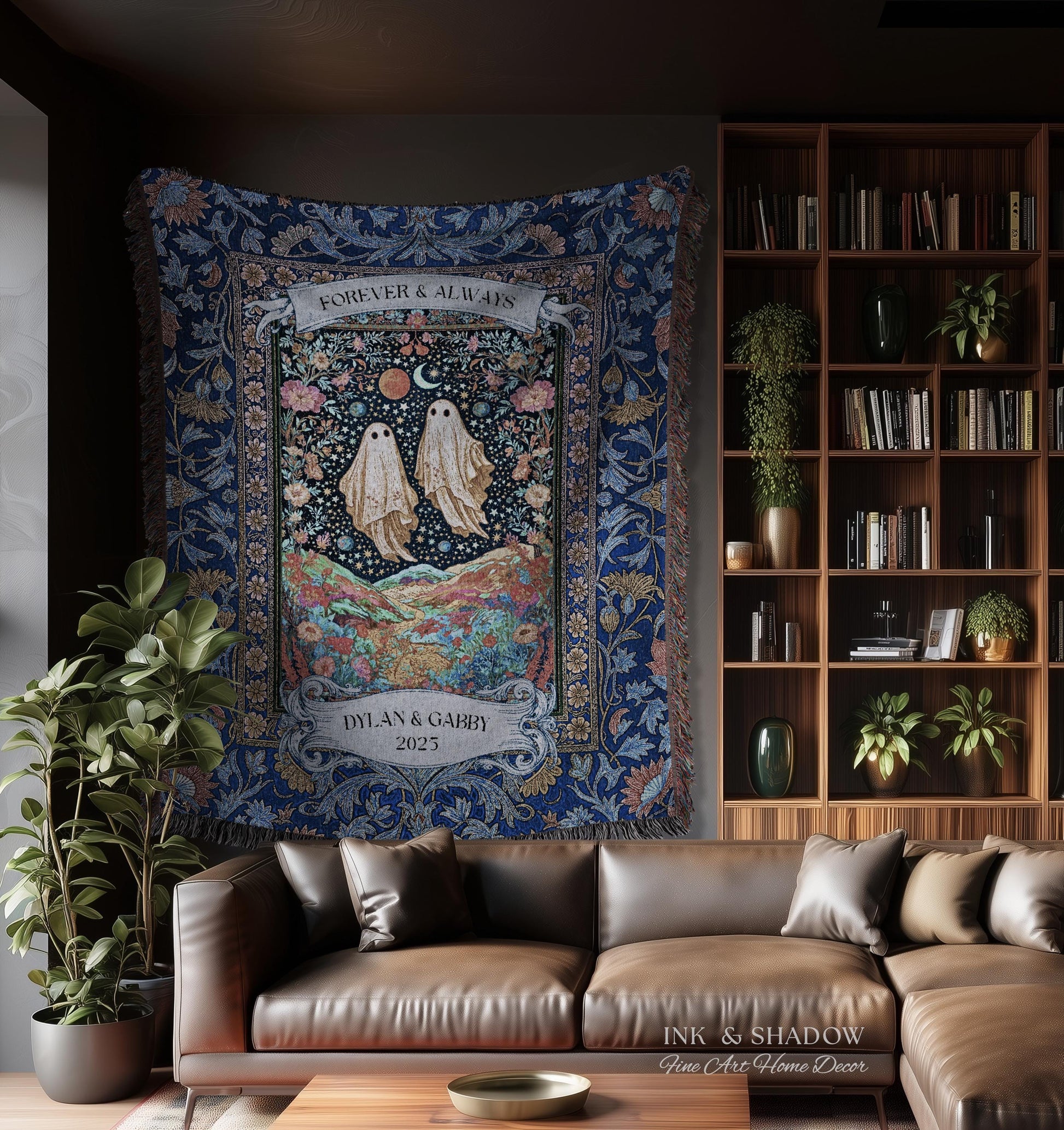 Starry Floral Ghost Couple Woven Tapestry | Celestial Gothic Romance Tapestry Home Decor Custom Names And Year Cotton Anniversary Blanket |