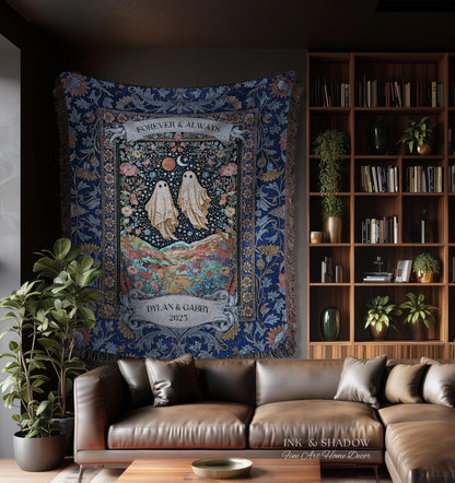 Starry Floral Ghost Couple Woven Tapestry | Celestial Gothic Romance Tapestry Home Decor Custom Names And Year Cotton Anniversary Blanket |