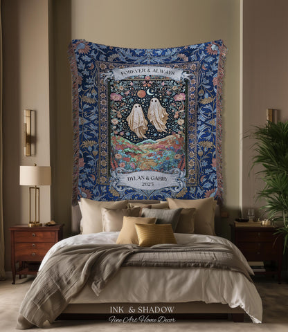 Starry Floral Ghost Couple Woven Tapestry | Celestial Gothic Romance Tapestry Home Decor Custom Names And Year Cotton Anniversary Blanket |