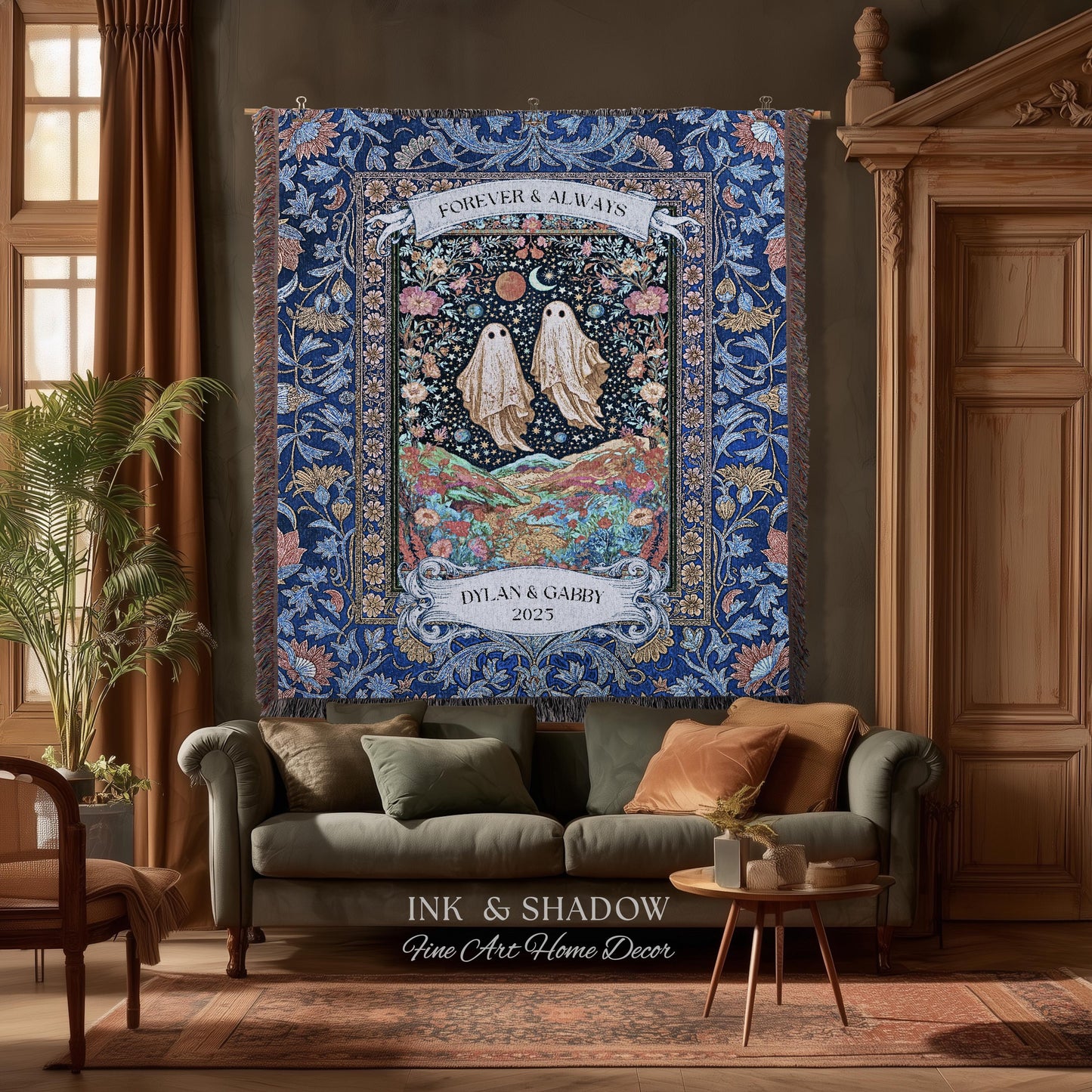 Starry Floral Ghost Couple Woven Tapestry | Celestial Gothic Romance Tapestry Home Decor Custom Names And Year Cotton Anniversary Blanket |