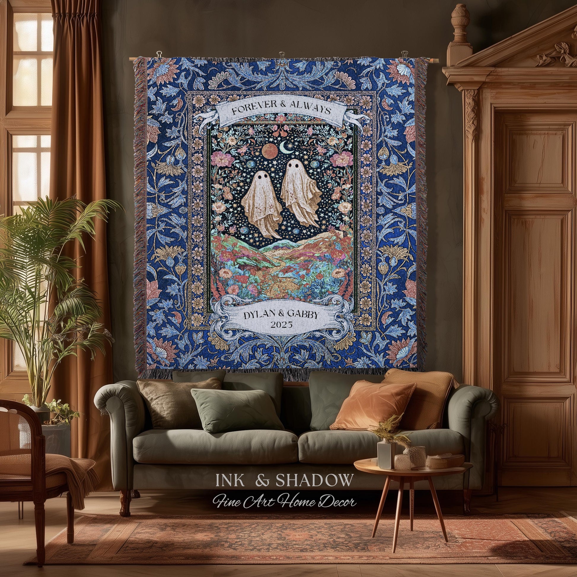 Starry Floral Ghost Couple Woven Tapestry | Celestial Gothic Romance Tapestry Home Decor Custom Names And Year Cotton Anniversary Blanket |