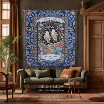 Starry Floral Ghost Couple Woven Tapestry | Celestial Gothic Romance Tapestry Home Decor Custom Names And Year Cotton Anniversary Blanket |