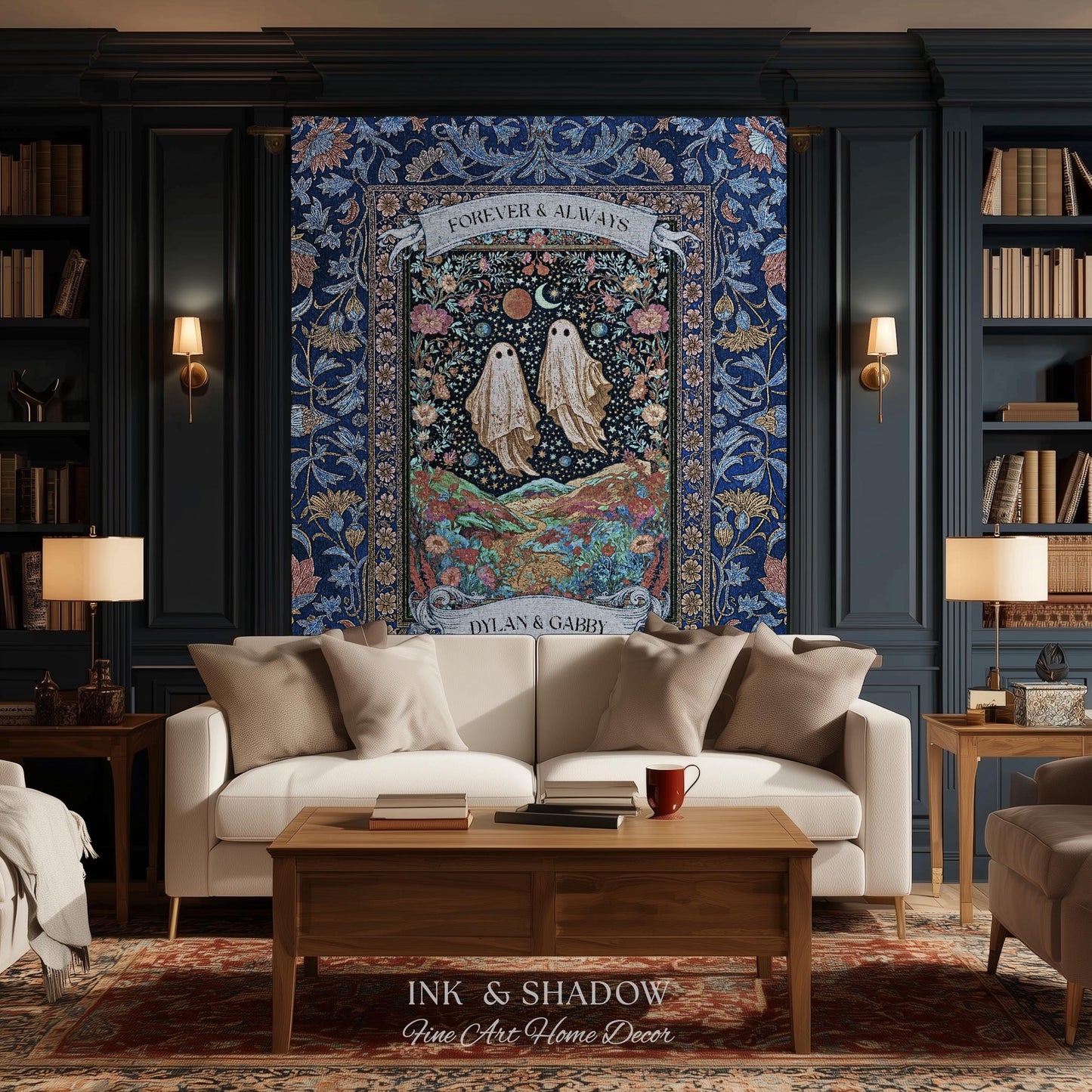 Starry Floral Ghost Couple Woven Tapestry | Celestial Gothic Romance Tapestry Home Decor Custom Names And Year Cotton Anniversary Blanket |
