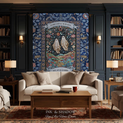 Starry Floral Ghost Couple Woven Tapestry | Celestial Gothic Romance Tapestry Home Decor Custom Names And Year Cotton Anniversary Blanket |