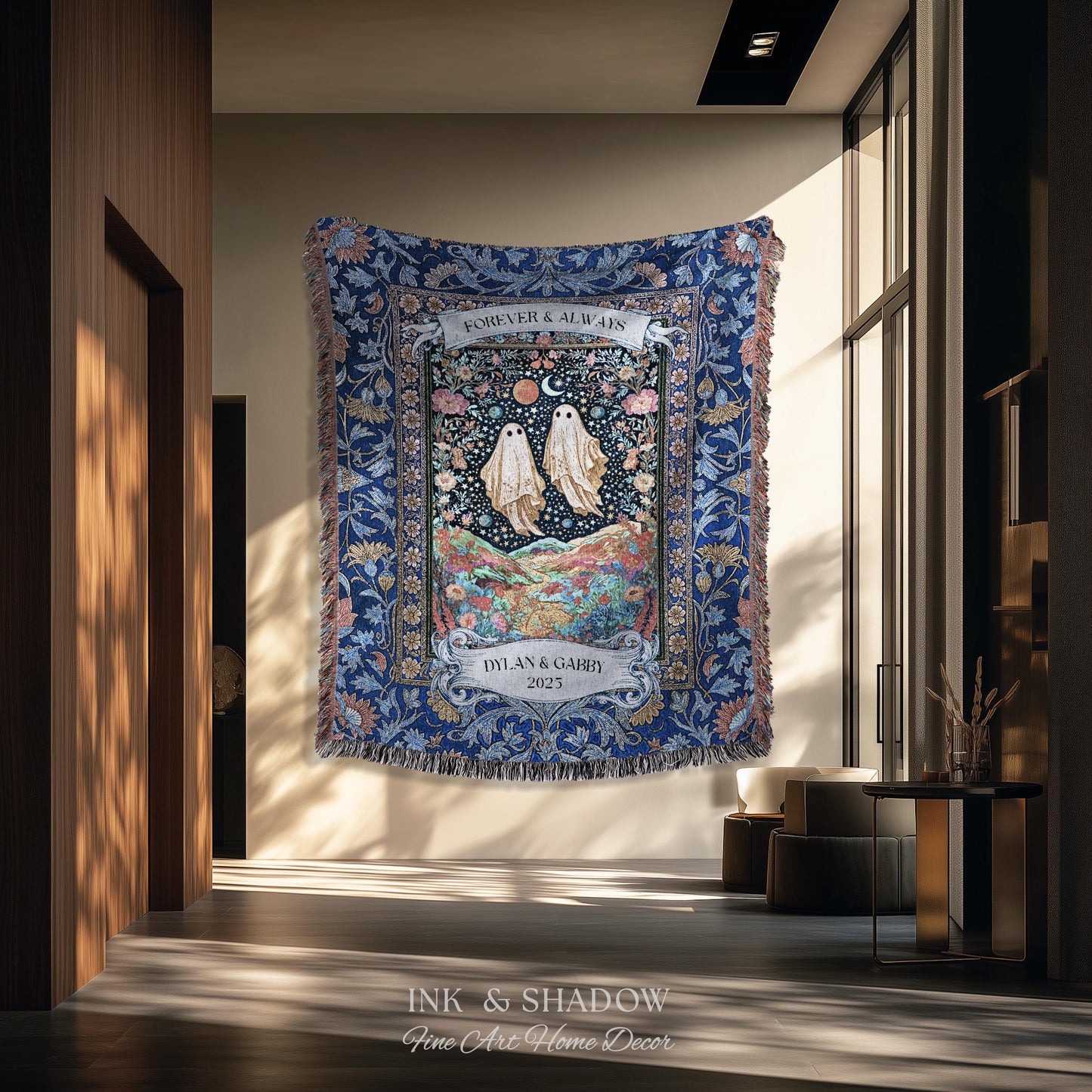 Starry Floral Ghost Couple Woven Tapestry | Celestial Gothic Romance Tapestry Home Decor Custom Names And Year Cotton Anniversary Blanket |