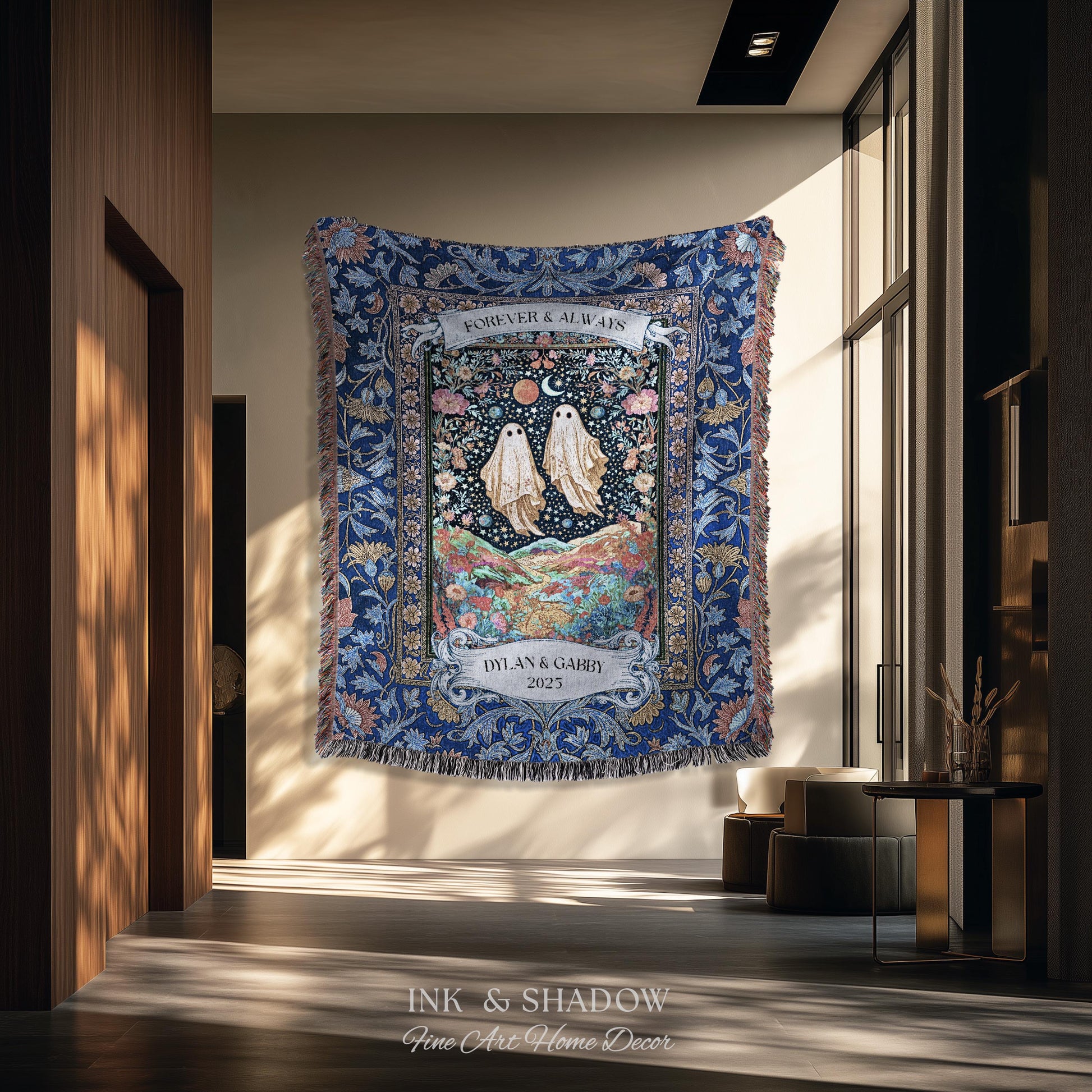 Starry Floral Ghost Couple Woven Tapestry | Celestial Gothic Romance Tapestry Home Decor Custom Names And Year Cotton Anniversary Blanket |
