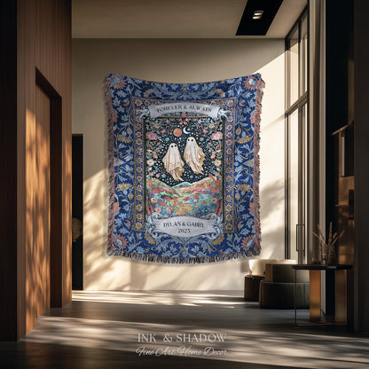 Starry Floral Ghost Couple Woven Tapestry | Celestial Gothic Romance Tapestry Home Decor Custom Names And Year Cotton Anniversary Blanket |