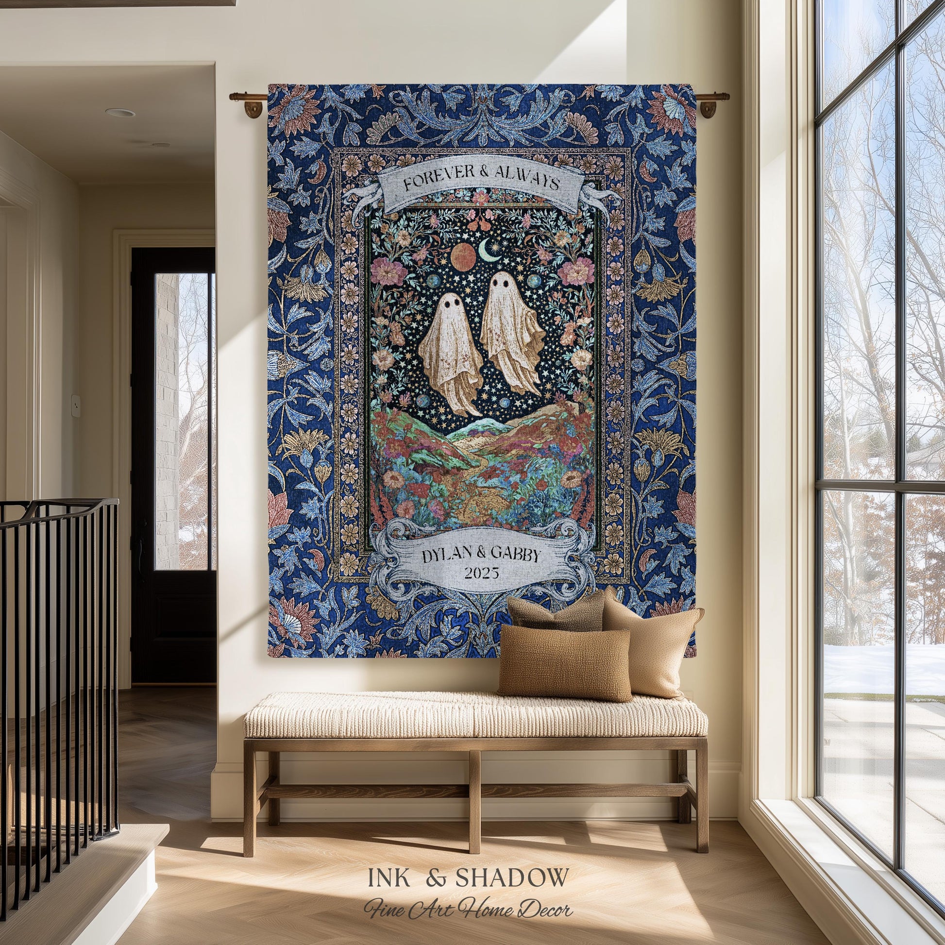 Starry Floral Ghost Couple Woven Tapestry | Celestial Gothic Romance Tapestry Home Decor Custom Names And Year Cotton Anniversary Blanket |