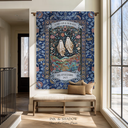 Starry Floral Ghost Couple Woven Tapestry | Celestial Gothic Romance Tapestry Home Decor Custom Names And Year Cotton Anniversary Blanket |