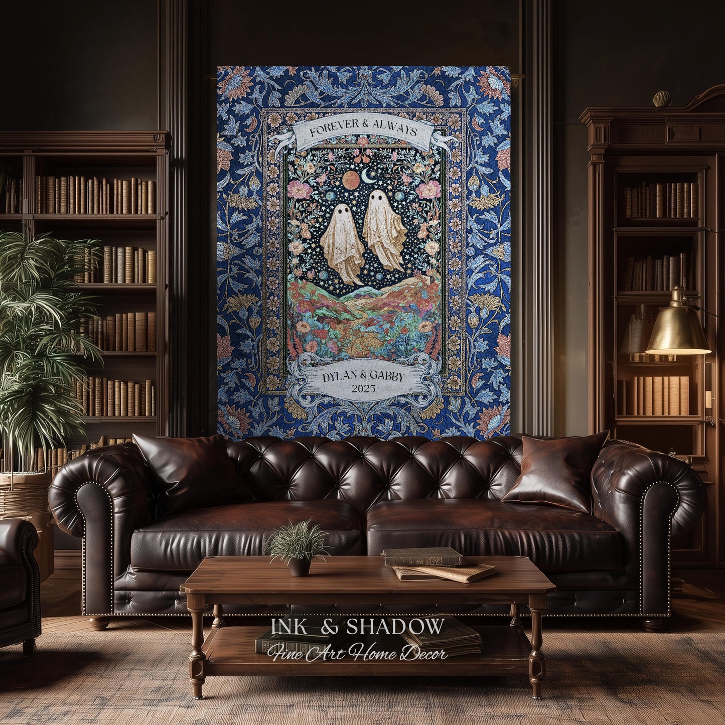 Starry Floral Ghost Couple Woven Tapestry | Celestial Gothic Romance Tapestry Home Decor Custom Names And Year Cotton Anniversary Blanket |