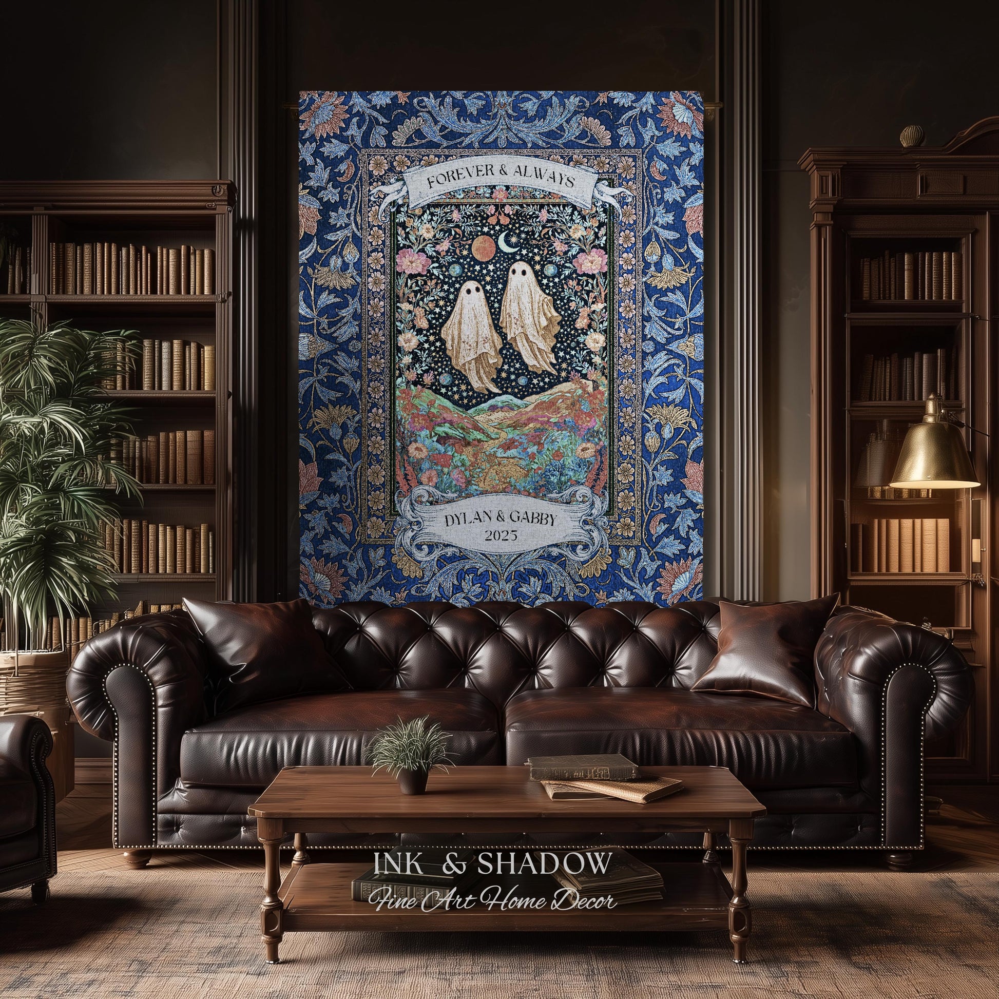 Starry Floral Ghost Couple Woven Tapestry | Celestial Gothic Romance Tapestry Home Decor Custom Names And Year Cotton Anniversary Blanket |