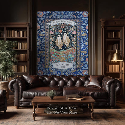 Starry Floral Ghost Couple Woven Tapestry | Celestial Gothic Romance Tapestry Home Decor Custom Names And Year Cotton Anniversary Blanket |