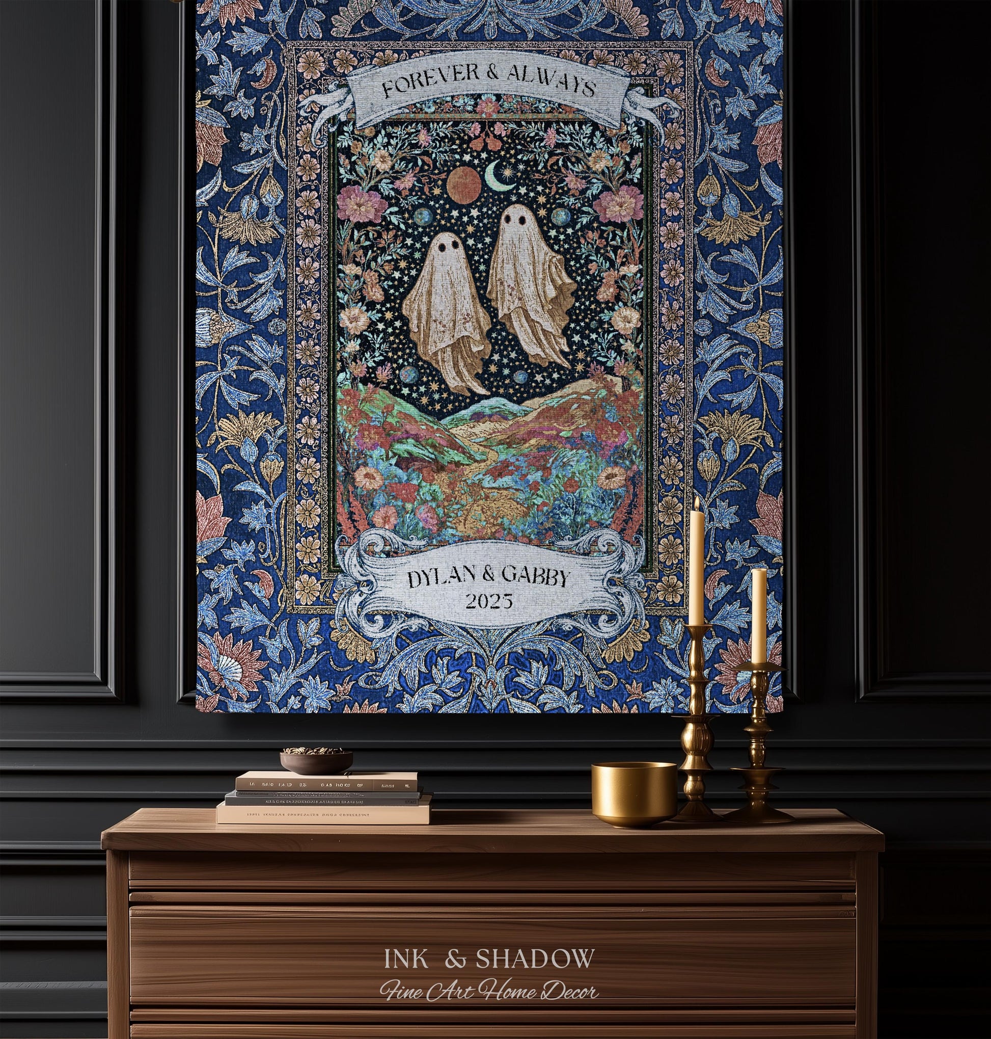 Starry Floral Ghost Couple Woven Tapestry | Celestial Gothic Romance Tapestry Home Decor Custom Names And Year Cotton Anniversary Blanket |