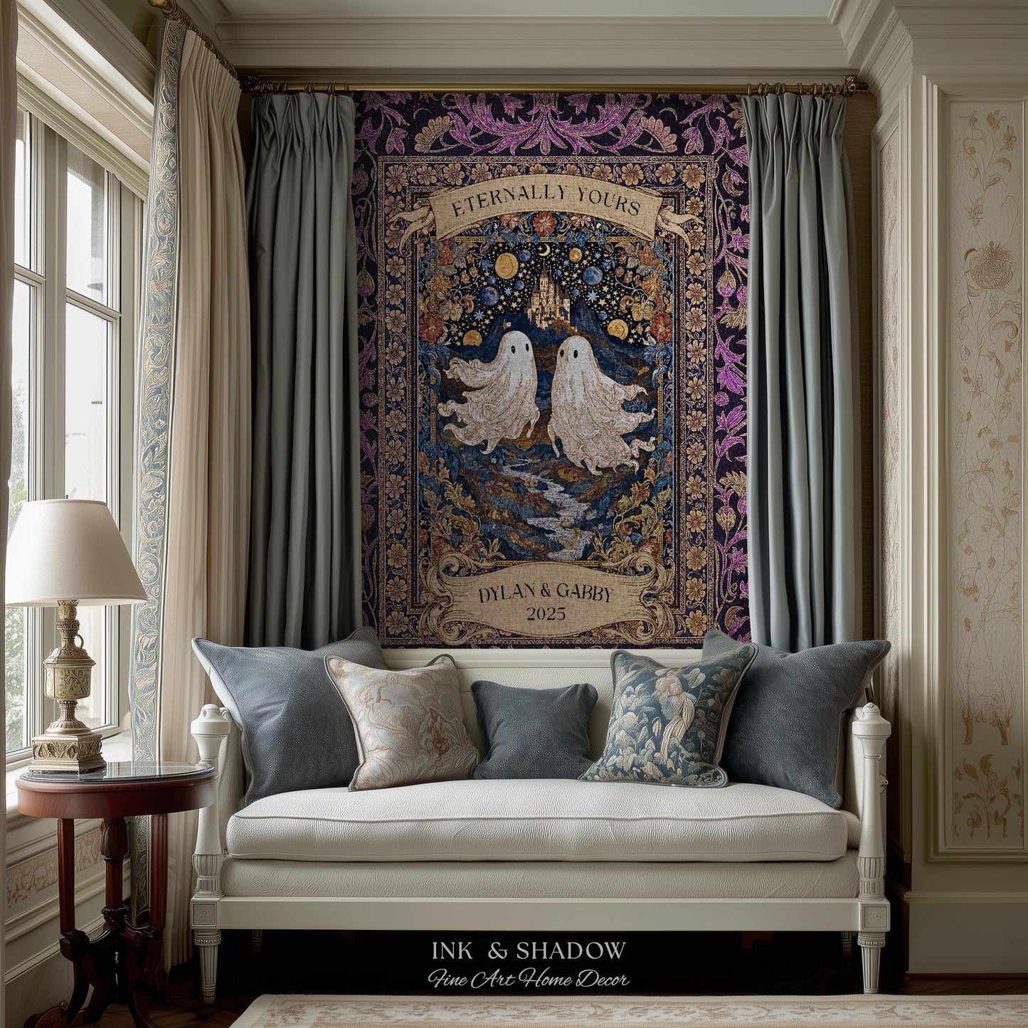 Purple Floral Ghost Couple Woven Wall Art | Haunted Castle Custom Names Throw Blanket Gothic Cotton Anniversary Gift Celestial Tapestry