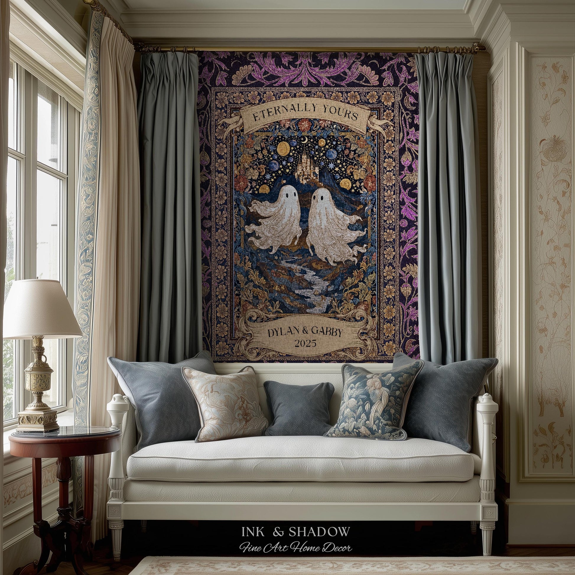 Purple Floral Ghost Couple Woven Wall Art | Haunted Castle Custom Names Throw Blanket Gothic Cotton Anniversary Gift Celestial Tapestry