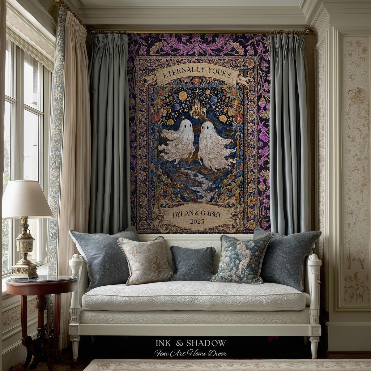 Purple Floral Ghost Couple Woven Wall Art | Haunted Castle Custom Names Throw Blanket Gothic Cotton Anniversary Gift Celestial Tapestry