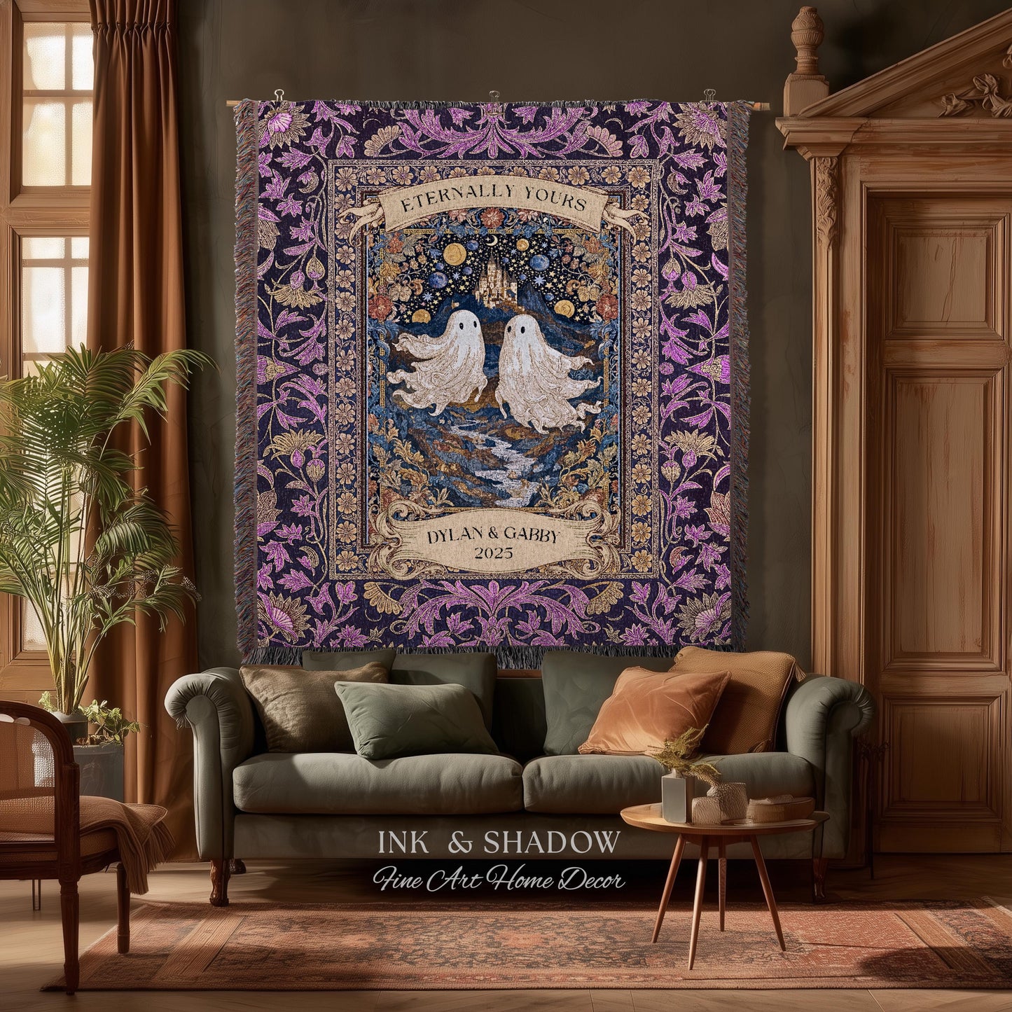 Purple Floral Ghost Couple Woven Wall Art | Haunted Castle Custom Names Throw Blanket Gothic Cotton Anniversary Gift Celestial Tapestry