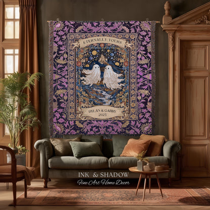 Purple Floral Ghost Couple Woven Wall Art | Haunted Castle Custom Names Throw Blanket Gothic Cotton Anniversary Gift Celestial Tapestry