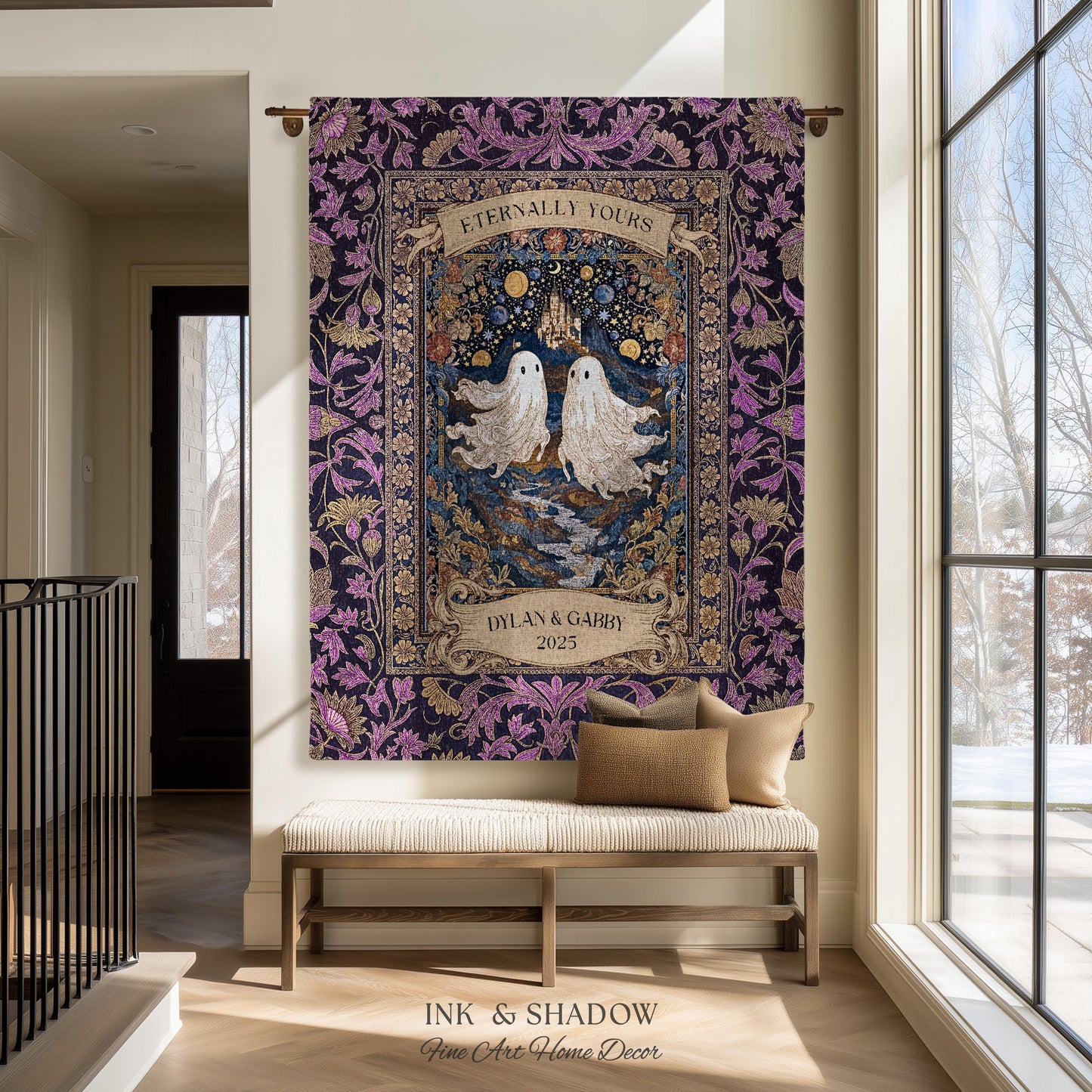 Purple Floral Ghost Couple Woven Wall Art | Haunted Castle Custom Names Throw Blanket Gothic Cotton Anniversary Gift Celestial Tapestry