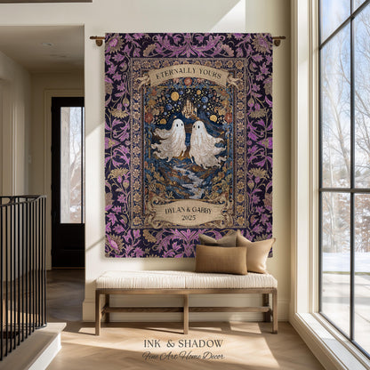 Purple Floral Ghost Couple Woven Wall Art | Haunted Castle Custom Names Throw Blanket Gothic Cotton Anniversary Gift Celestial Tapestry