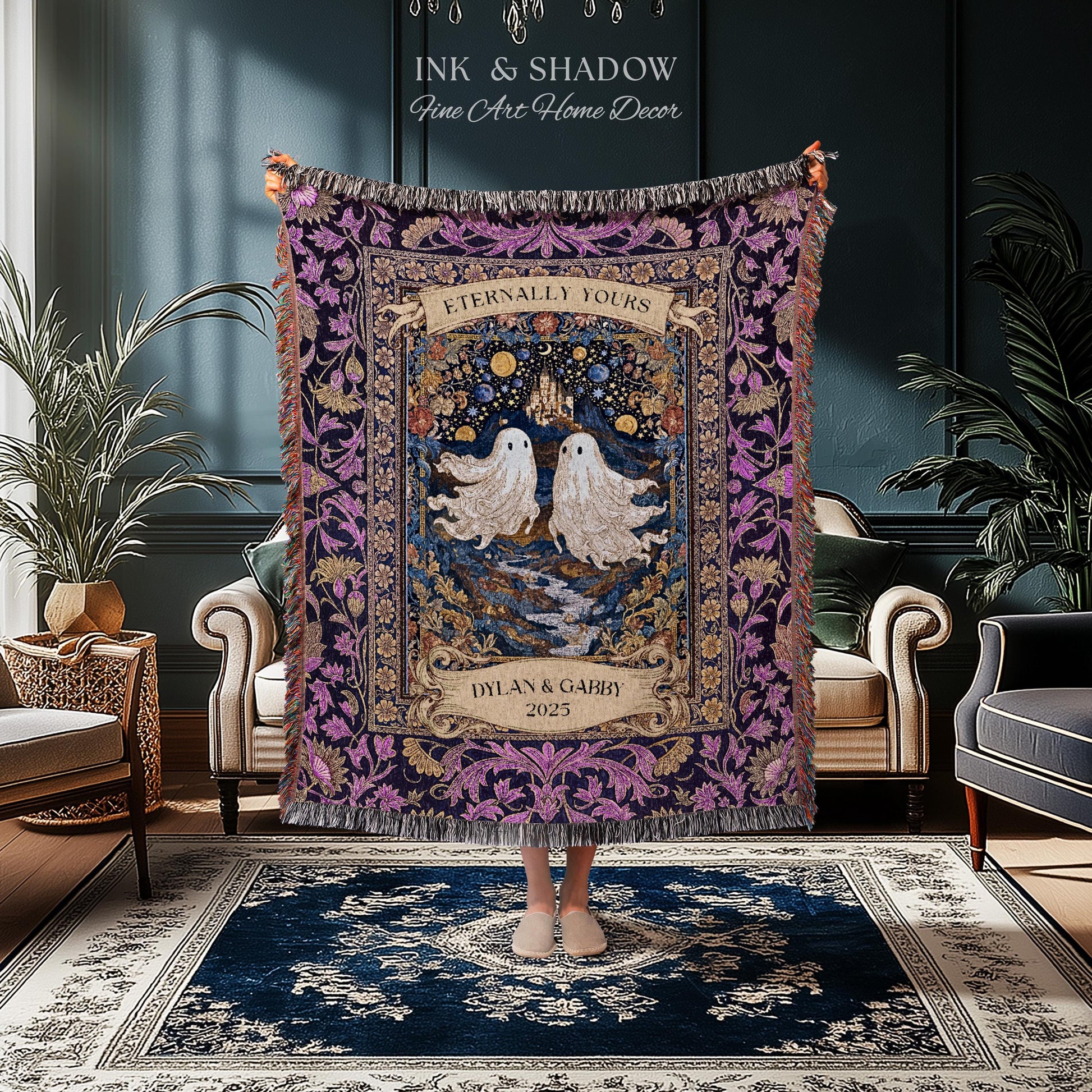Purple Floral Ghost Couple Woven Wall Art | Haunted Castle Custom Names Throw Blanket Gothic Cotton Anniversary Gift Celestial Tapestry
