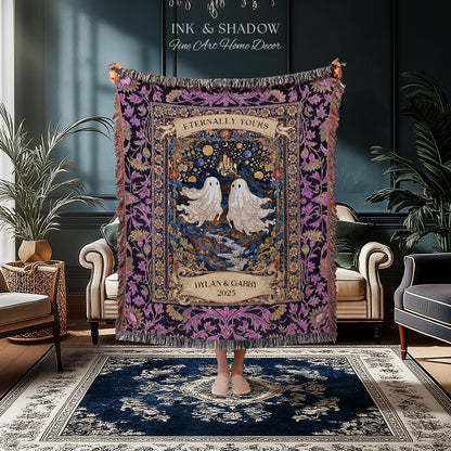 Purple Floral Ghost Couple Woven Wall Art | Haunted Castle Custom Names Throw Blanket Gothic Cotton Anniversary Gift Celestial Tapestry