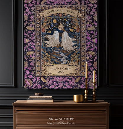 Purple Floral Ghost Couple Woven Wall Art | Haunted Castle Custom Names Throw Blanket Gothic Cotton Anniversary Gift Celestial Tapestry