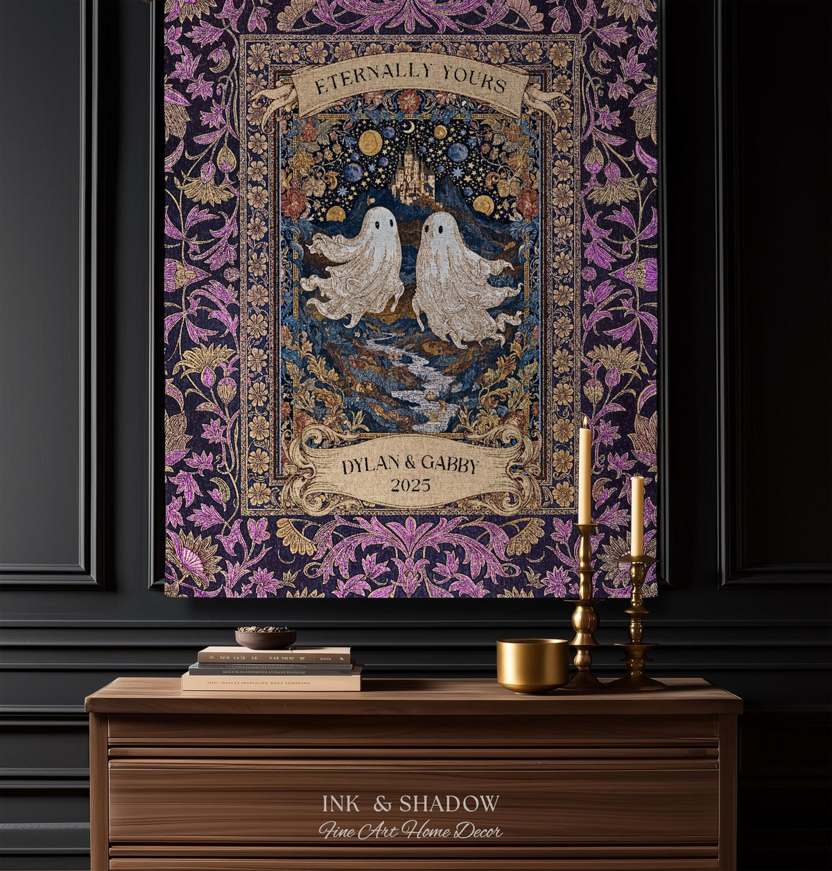 Purple Floral Ghost Couple Woven Wall Art | Haunted Castle Custom Names Throw Blanket Gothic Cotton Anniversary Gift Celestial Tapestry