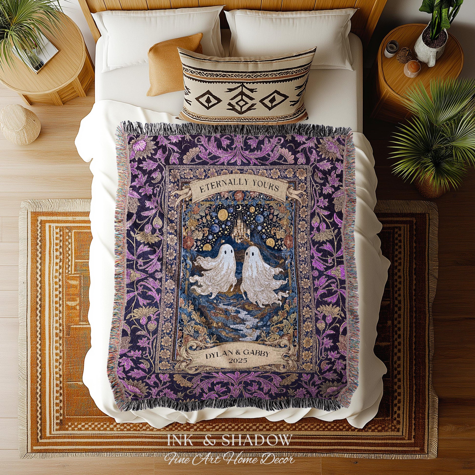Purple Floral Ghost Couple Woven Wall Art | Haunted Castle Custom Names Throw Blanket Gothic Cotton Anniversary Gift Celestial Tapestry