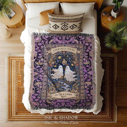 Purple Floral Ghost Couple Woven Wall Art | Haunted Castle Custom Names Throw Blanket Gothic Cotton Anniversary Gift Celestial Tapestry