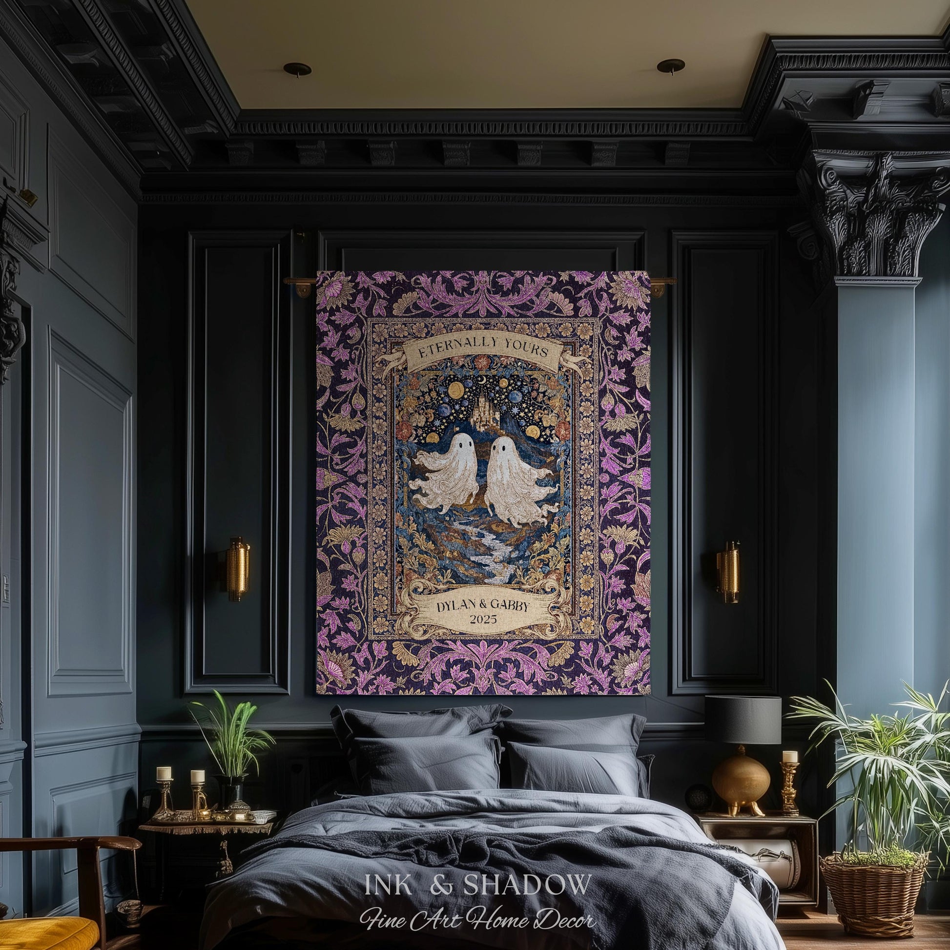 Purple Floral Ghost Couple Woven Wall Art | Haunted Castle Custom Names Throw Blanket Gothic Cotton Anniversary Gift Celestial Tapestry