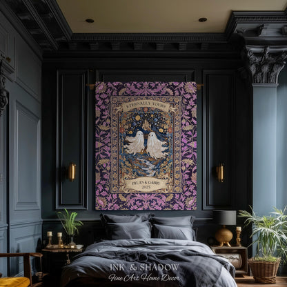 Purple Floral Ghost Couple Woven Wall Art | Haunted Castle Custom Names Throw Blanket Gothic Cotton Anniversary Gift Celestial Tapestry