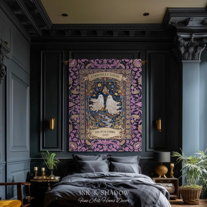 Purple Floral Ghost Couple Woven Wall Art | Haunted Castle Custom Names Throw Blanket Gothic Cotton Anniversary Gift Celestial Tapestry