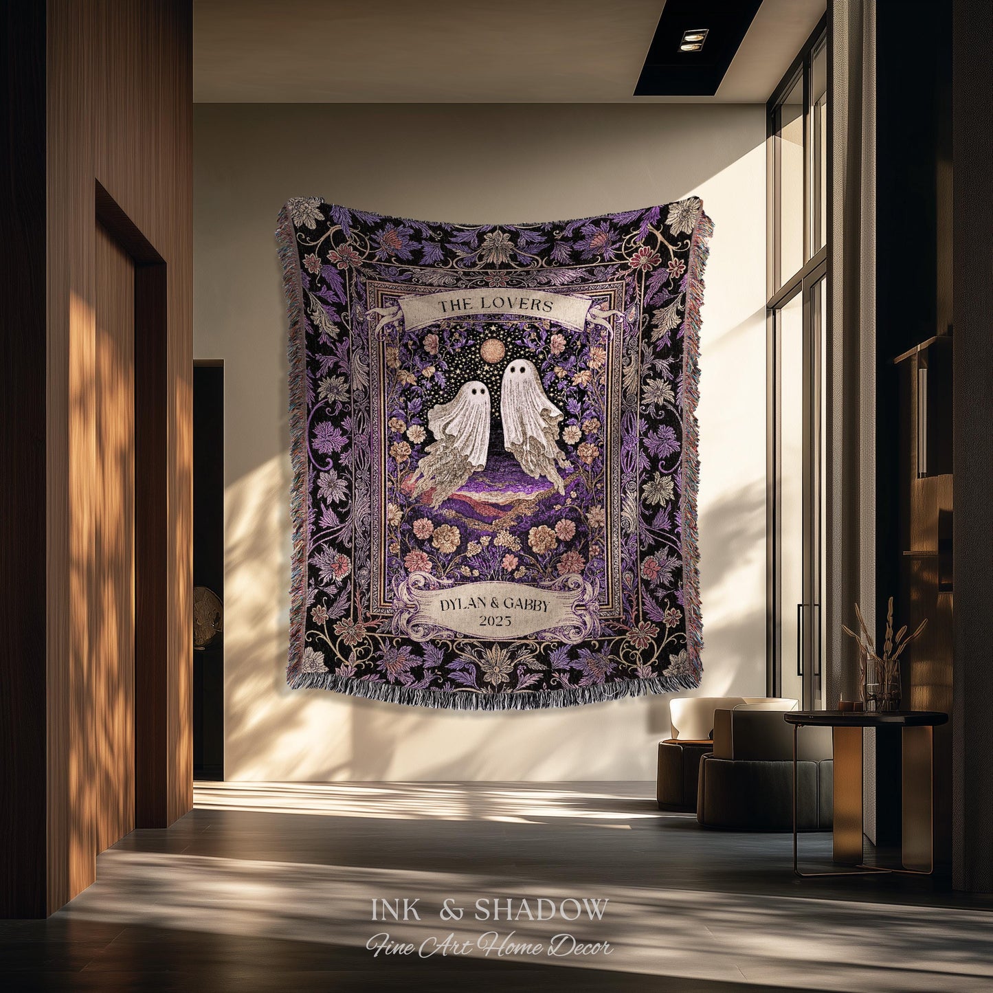 Tarot Ghost Couple Woven Wall Tapestry | The Lovers Custom Names And Year Purple Floral Gothic Cotton Wedding Anniversary Gift Throw Blanket