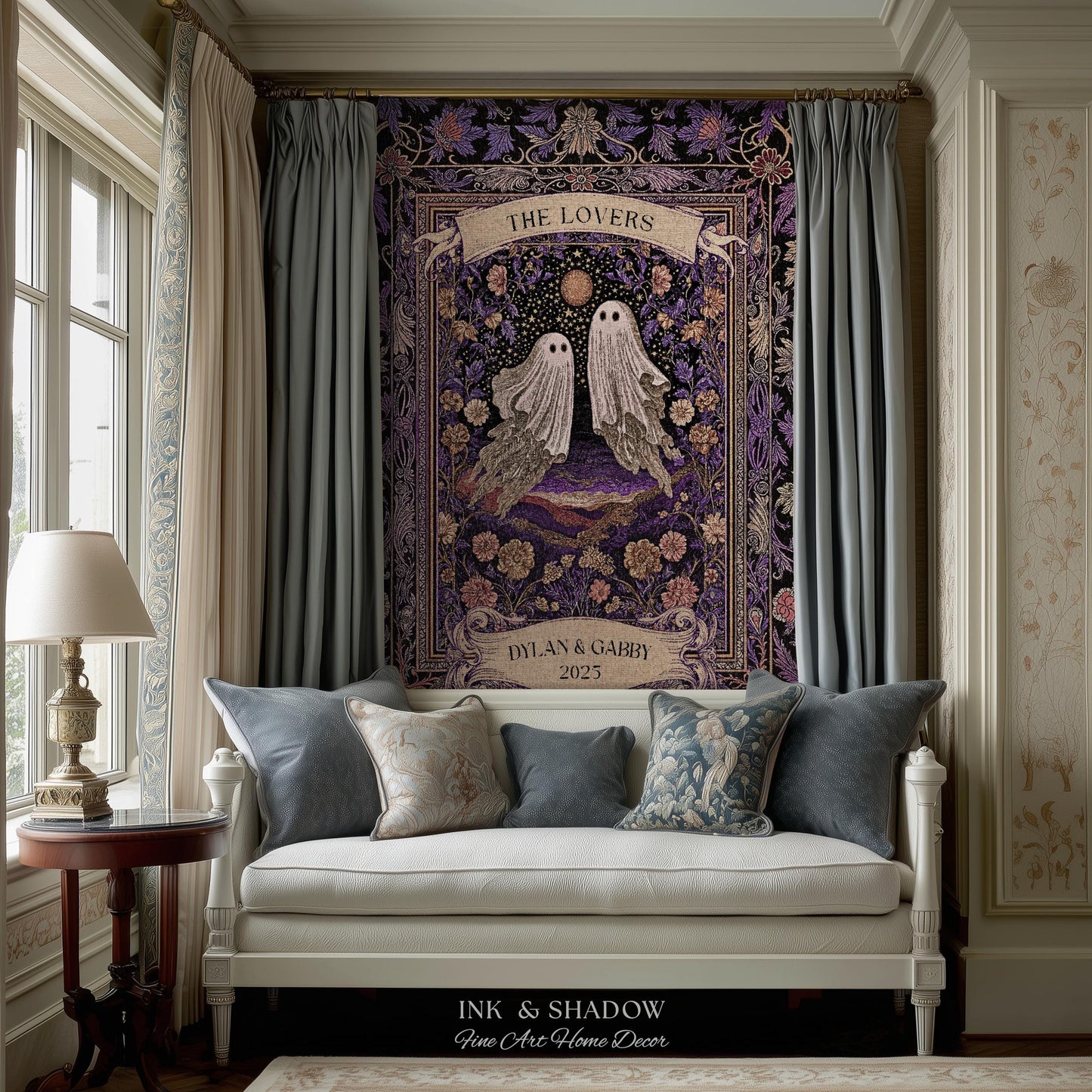 Tarot Ghost Couple Woven Wall Tapestry | The Lovers Custom Names And Year Purple Floral Gothic Cotton Wedding Anniversary Gift Throw Blanket