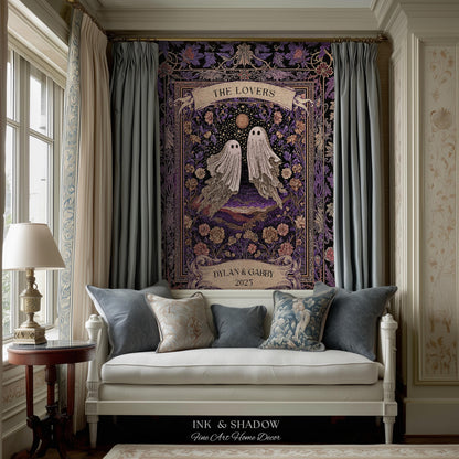 Tarot Ghost Couple Woven Wall Tapestry | The Lovers Custom Names And Year Purple Floral Gothic Cotton Wedding Anniversary Gift Throw Blanket