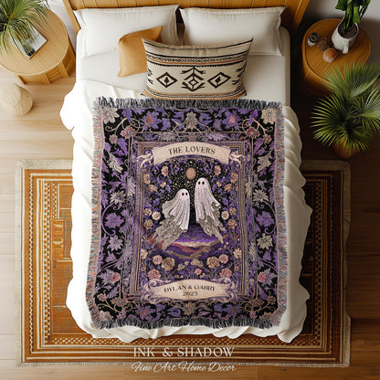 Tarot Ghost Couple Woven Wall Tapestry | The Lovers Custom Names And Year Purple Floral Gothic Cotton Wedding Anniversary Gift Throw Blanket