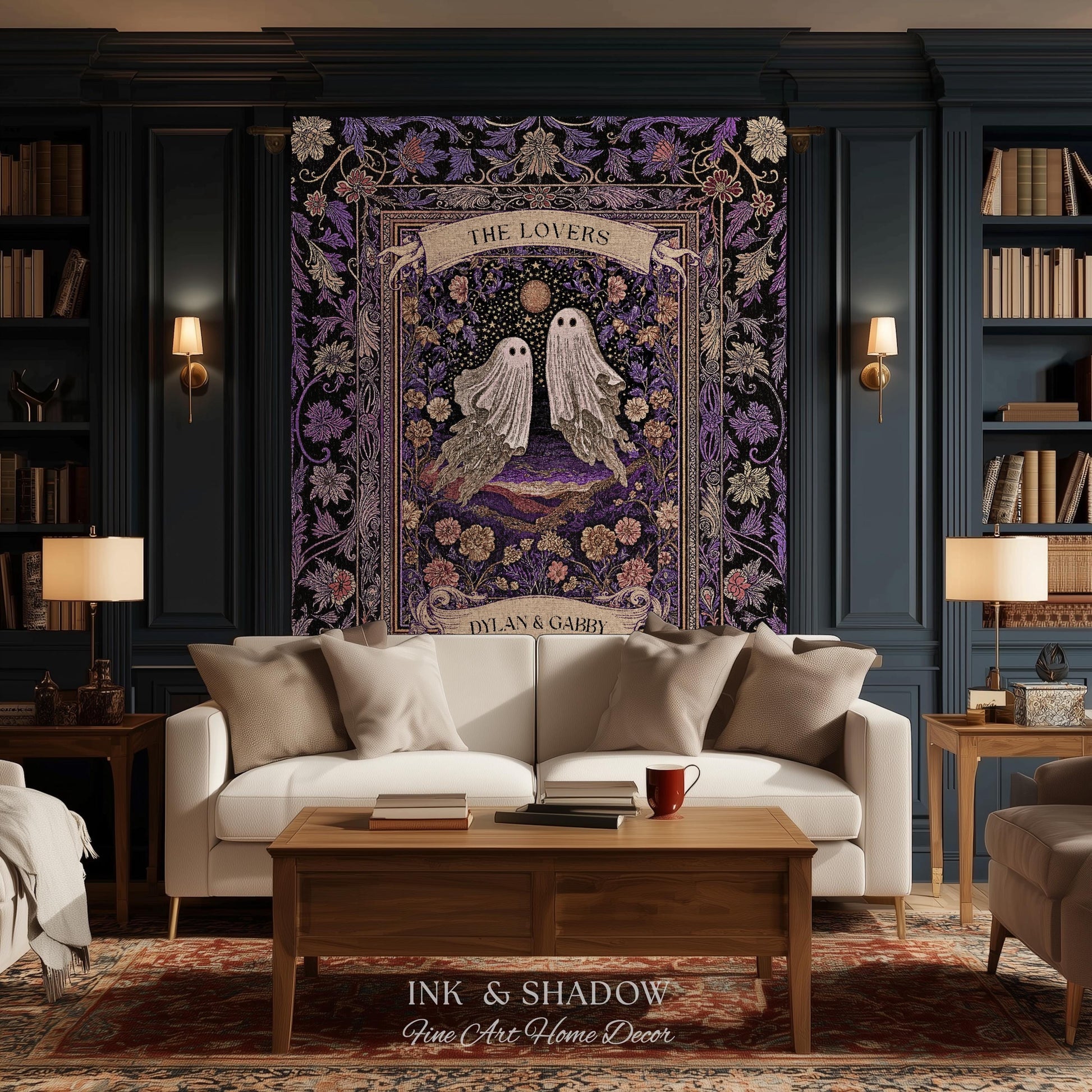 Tarot Ghost Couple Woven Wall Tapestry | The Lovers Custom Names And Year Purple Floral Gothic Cotton Wedding Anniversary Gift Throw Blanket