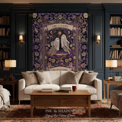 Tarot Ghost Couple Woven Wall Tapestry | The Lovers Custom Names And Year Purple Floral Gothic Cotton Wedding Anniversary Gift Throw Blanket