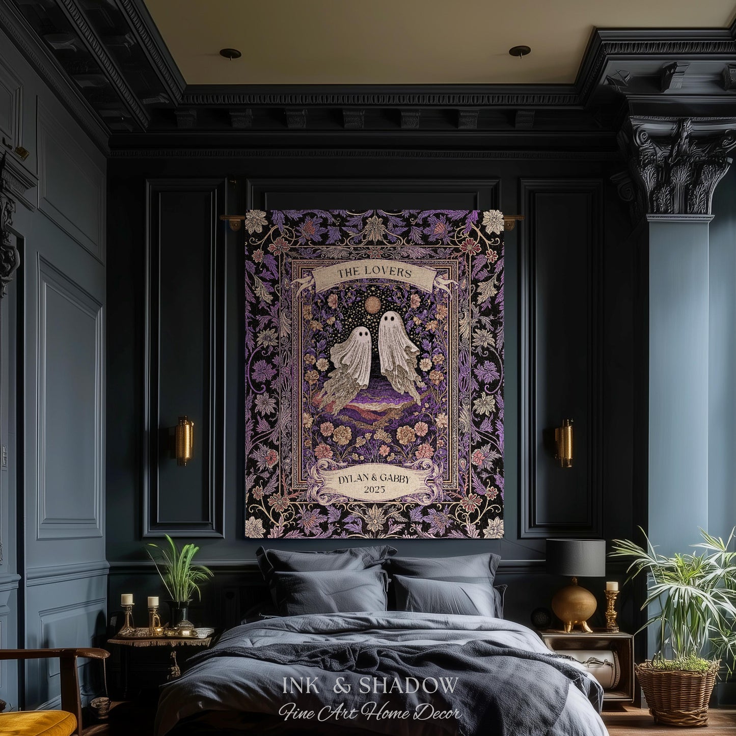 Tarot Ghost Couple Woven Wall Tapestry | The Lovers Custom Names And Year Purple Floral Gothic Cotton Wedding Anniversary Gift Throw Blanket