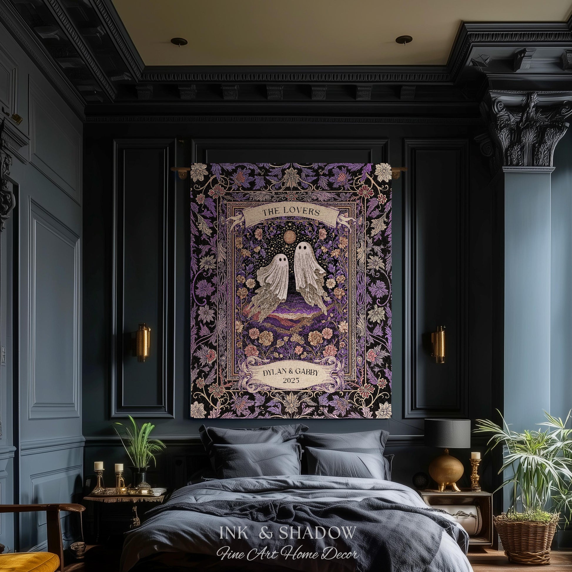 Tarot Ghost Couple Woven Wall Tapestry | The Lovers Custom Names And Year Purple Floral Gothic Cotton Wedding Anniversary Gift Throw Blanket