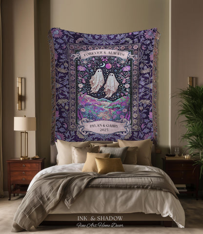 Lunar Garden Ghost Couple Tapestry | Forever And Always Custom Names And Year Gothic Floral Dating Anniversary Gift Celestial Throw Blanket