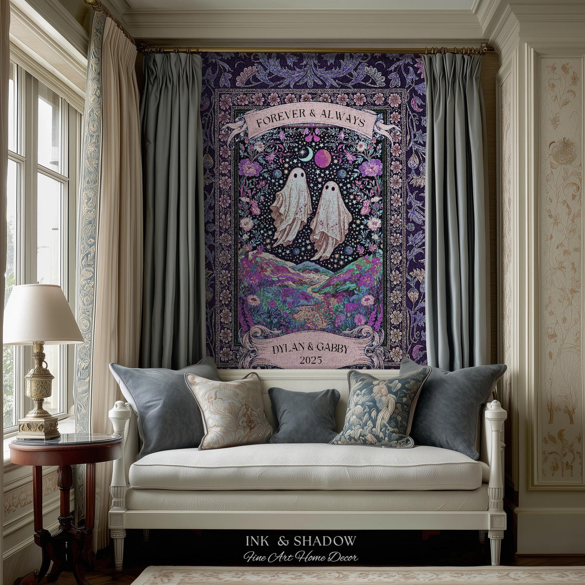 Lunar Garden Ghost Couple Tapestry | Forever And Always Custom Names And Year Gothic Floral Dating Anniversary Gift Celestial Throw Blanket