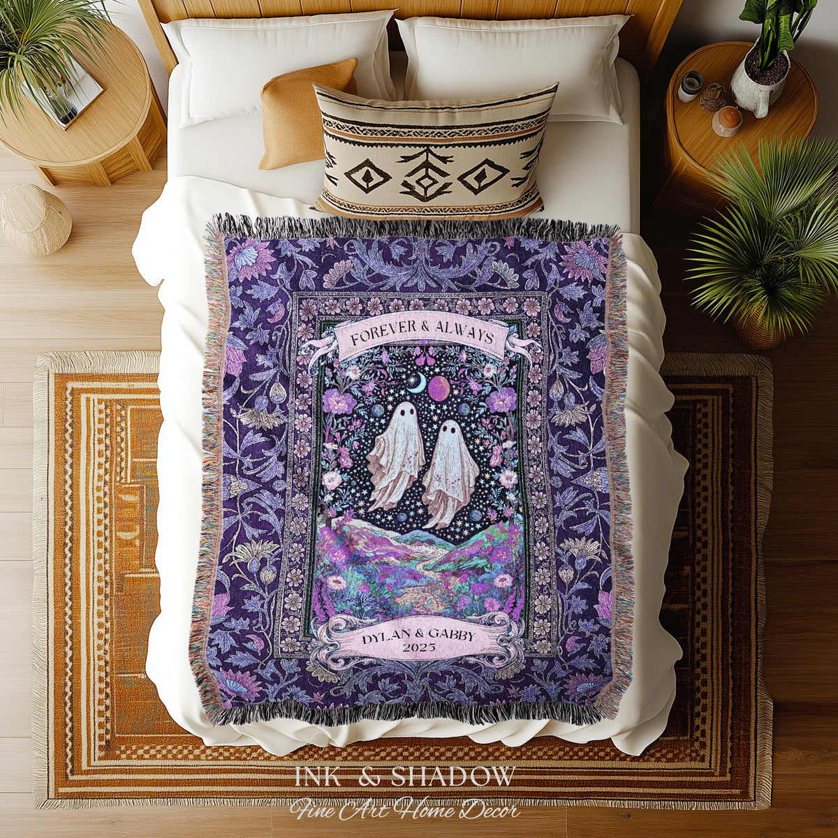 Lunar Garden Ghost Couple Tapestry | Forever And Always Custom Names And Year Gothic Floral Dating Anniversary Gift Celestial Throw Blanket
