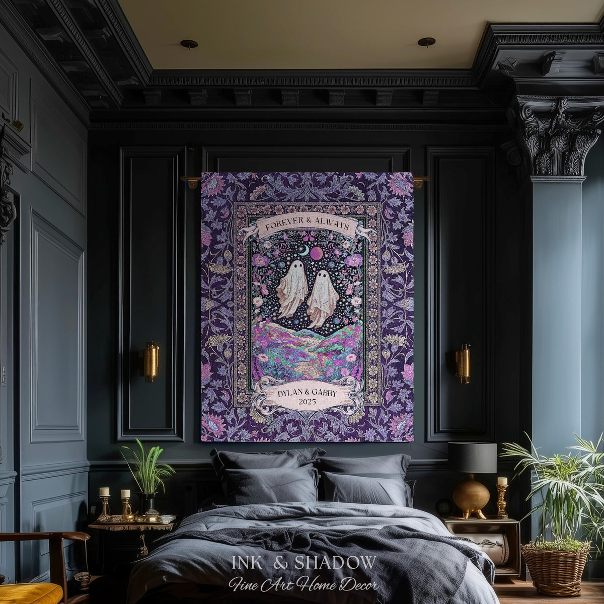 Lunar Garden Ghost Couple Tapestry | Forever And Always Custom Names And Year Gothic Floral Dating Anniversary Gift Celestial Throw Blanket