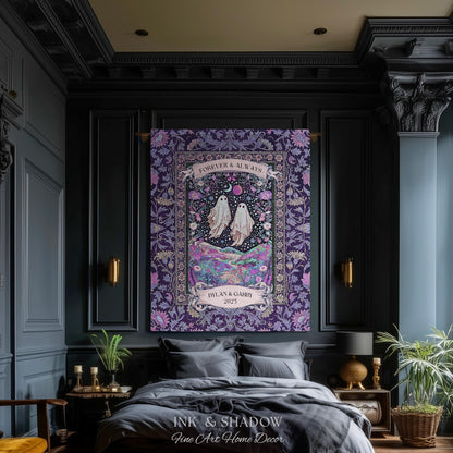 Lunar Garden Ghost Couple Tapestry | Forever And Always Custom Names And Year Gothic Floral Dating Anniversary Gift Celestial Throw Blanket