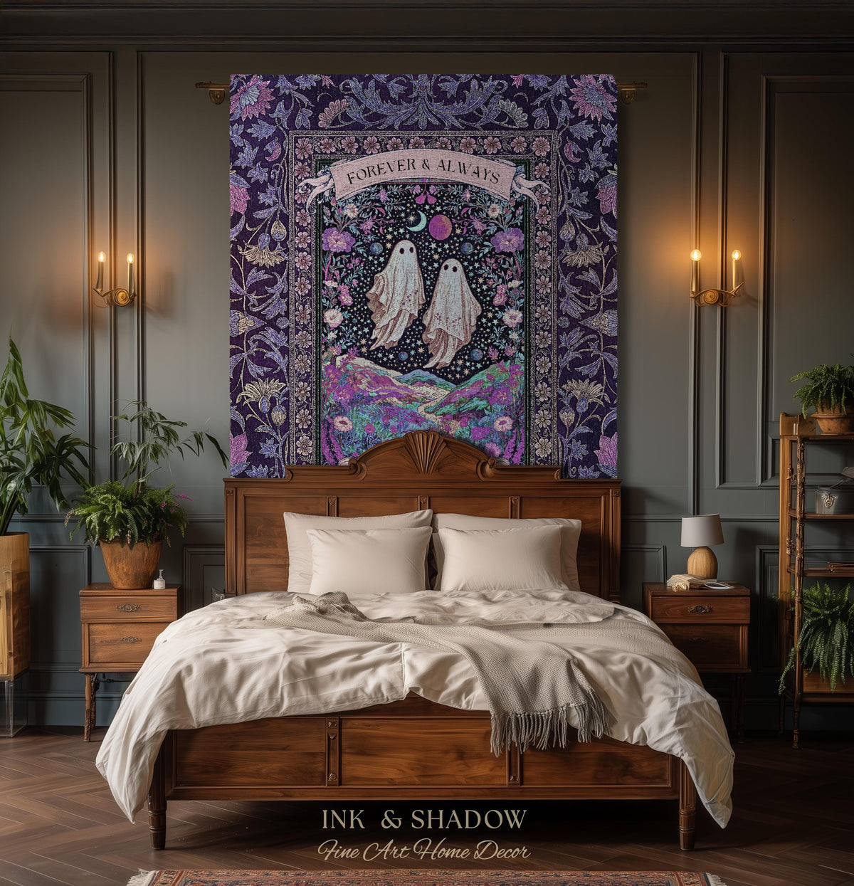Lunar Garden Ghost Couple Tapestry | Forever And Always Custom Names And Year Gothic Floral Dating Anniversary Gift Celestial Throw Blanket