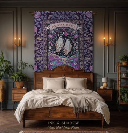 Lunar Garden Ghost Couple Tapestry | Forever And Always Custom Names And Year Gothic Floral Dating Anniversary Gift Celestial Throw Blanket