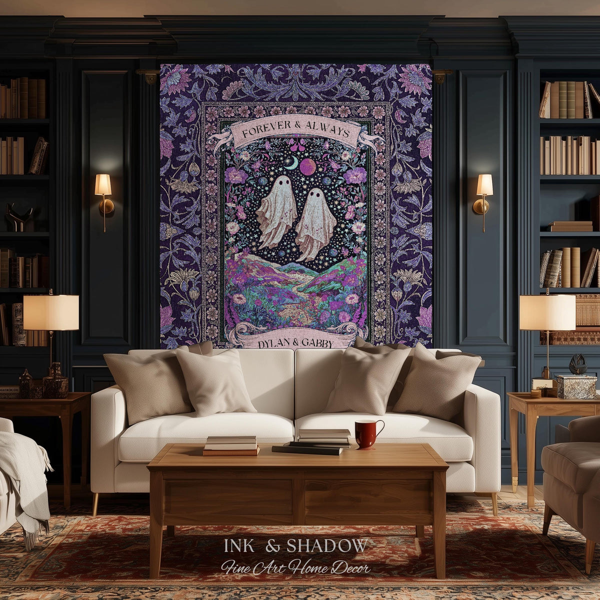 Lunar Garden Ghost Couple Tapestry | Forever And Always Custom Names And Year Gothic Floral Dating Anniversary Gift Celestial Throw Blanket