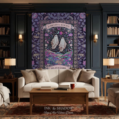 Lunar Garden Ghost Couple Tapestry | Forever And Always Custom Names And Year Gothic Floral Dating Anniversary Gift Celestial Throw Blanket
